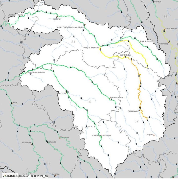 Vigicrues a placé la Marne amont en vigilance orange pour un risque de crue, dimanche 30 juin 2024. (VIGICRUES)