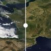 La France à la fin du mois de juillet 2021 (à gauche) et à la fin du mois de juillet 2022 (à droite). (NASA)