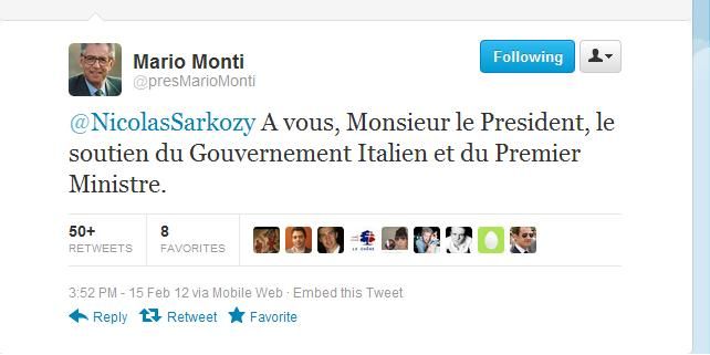 Mario Monti aussi a choisi Twitter pour manifester son soutien à Nicolas Sarkozy (Capture d'écran)