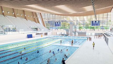 Cette image distribuée par la "Métropole du Grand Paris", montre à quoi ressemblera l'intérieur du Centre aquatique olympique, construit à Saint-Denis, pour les Jeux de Paris 2024.  (- / METROPOLE DU GRAND PARIS)