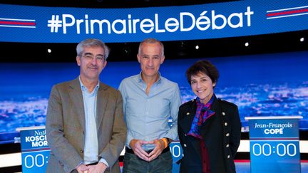 Elisabeth Martichoux, Alexis Brezet et Gilles Bouleau (de droite à gauche) seront les trois journalistes qui animeront le débat avec les sept candidats de droite et du centre. (CHRISTOPHE CHEVALIN)