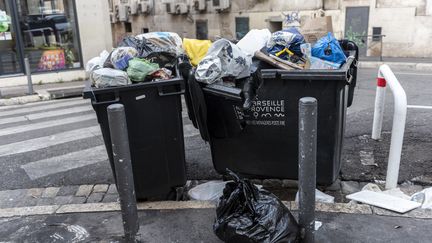 Une poubelle pleine de déchets dans une rue de Marseille, le 19 novembre 2021. (MAGALI COHEN / HANS LUCAS)