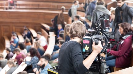 Un tournage de film dans un amphithéâtre de l'université Panthéon-Sorbonne. (PASCAL LEVY / PANTHÉON-SORBONNE)