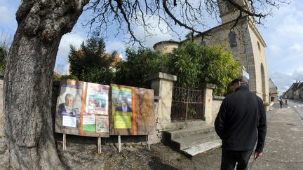 Une personne regarde les affiches électorales à Lanuejouls le 16 mars 2011. (PASCAL PAVANI / AFP)