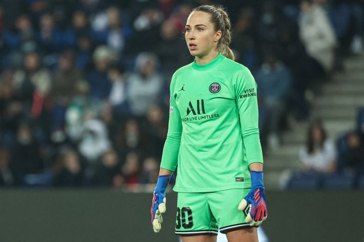 Barbora Votikova lors du quart de finale de Ligue des champions, face au Bayern Munich, le 30 mars 2022. (THOMAS SAMSON / AFP)