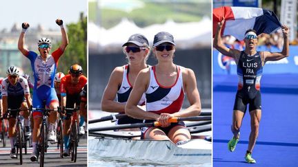 Les rameuses Claire Bové et Laura Tarantola, le cycliste Arnaud Démare (à gauche) et le triathlète Vincent Luis (à droite), quelques-uns des fers de lance de l'équipe de France aux championnats européens 2022. (AFP)