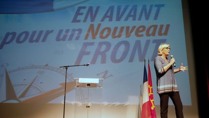 Marine Le Pen lors d'un meeting à Bruguières (Haute-Garonne), le 23 septembre 2017. (ERIC CABANIS / POOL)