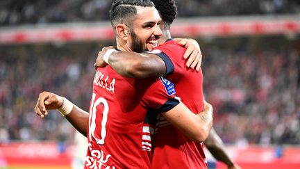 Remy Cabella célèbre son but face à l'AS Monaco à Villeneuve-d'Ascq, le 23 octobre 2022. (DENIS CHARLET/AFP)