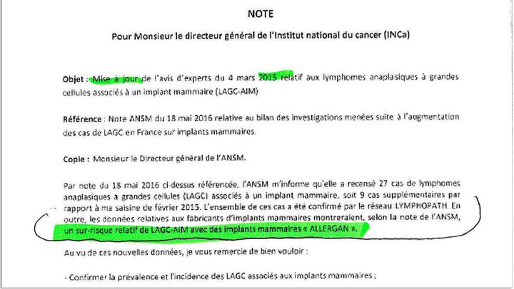 Note du directeur général de la Santé&nbsp;de&nbsp;juin 2016 alertant sur "le sur-risque relatif" de cancer de type LAGC avec des implants mammaires Allergan. (DR)