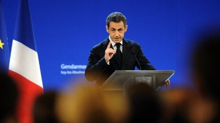 Nicolas Sarkozy lors de l'inauguration du quartier général de la gendarmerie national à Issy-les-Moulineaux le 13 février (ERIC FEFERBERG / AFP)