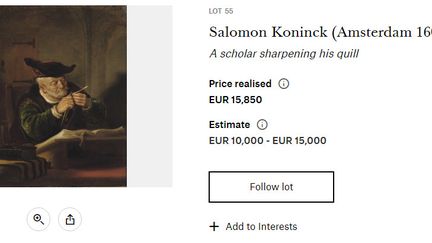 Capture d'écran du site de la maison d'enchères Christie's où l'on peut voir le tableau de Salomon Koninck qui sera restitué. (CHRISTIES.COM)