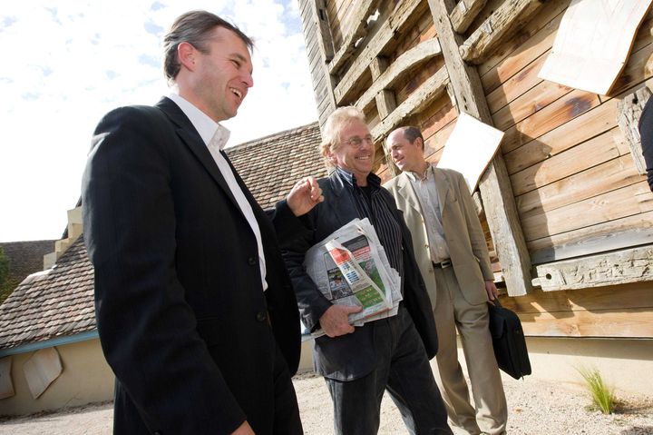 Daniel Cohn-Bendit (C) avec Fran&ccedil;ois de Rugy (G), en septembre 2008. (SAUTIER PHILIPPE / SIPA)