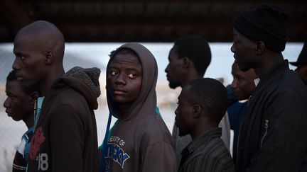 Un groupe de migrants sauvés par les gardes-côtes espagnols, dans le porte de Motril, en Andalousie (Espagne), le 23 juillet 2017. (JORGE GUERRERO / AFP)