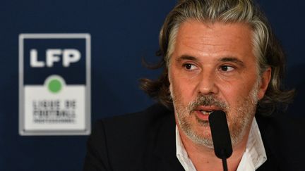 Vincent Labrune lors d'une conférence de presse de la LFP (Ligue de Football Professionnel) le 10 septembre 2021. (FRANCK FIFE / AFP)