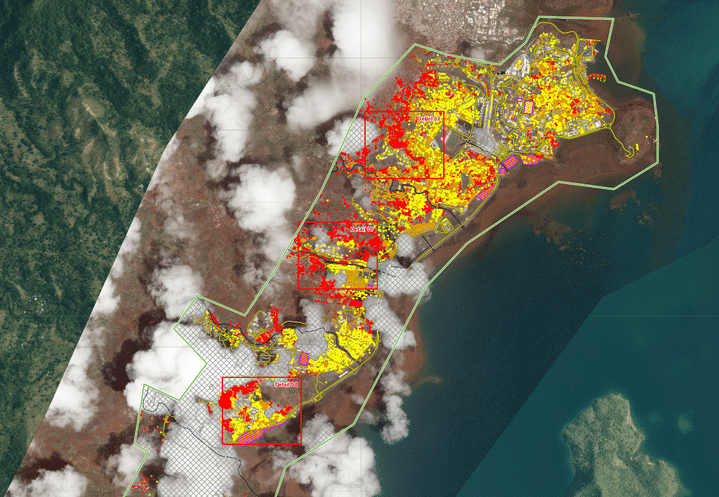 Sur le seul secteur de Mamoudzou, 54% des bâtiments sont détruits ou endommagés. (COPERNICUS)