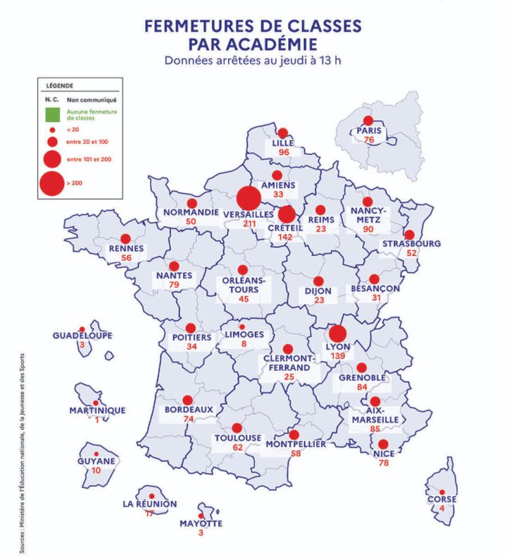 Les fermetures de classes par académie jeudi 30 septembre à 13 heures, selon les données du ministère de l'Education nationale. (MINISTERE DE L'EDUCATION NATIONALE)