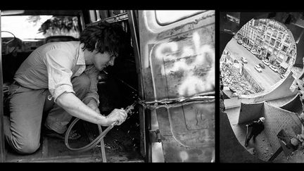 A gauche, Gordon Matta-Clark découpe au chalumeau son "Graffiti Truck" (1973) photographe inconnu, Courtesy The Estate of Gordon Matta-Clark et David Zwirner, New York / Londres / Hong Kong - A droite, Gordon Matta-Clark travaillant à "Conical Intersect", octobre 1975 
 (A gauche © 2018 The Estate of Gordon Matta-Clark / ADAGP, Paris - A droite © Marc Petitjean)