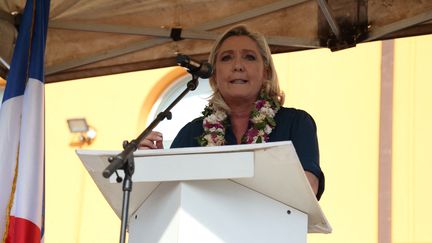 La candidate du Rassemblement national à l'élection présidentielle de 2022, Marine Le Pen, lors d'un déplacement de campagne à Mayotte, le 18 décembre 2021. (ALI AL-DAHER / AFP)
