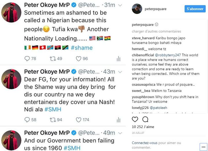 
Réaction de Peter Okoye (P-Square) sur Instagram à l'annonce de l'interdiction envisagée des films et clips vidéos nigérians produits en dehors du pays - 16 juillet 2017