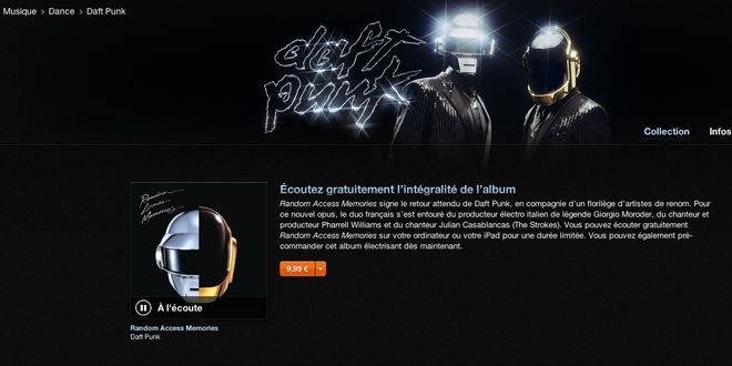 Saisie écran du streaming de l'album de Daft Punk sur  iTunes.
 (iTunes)