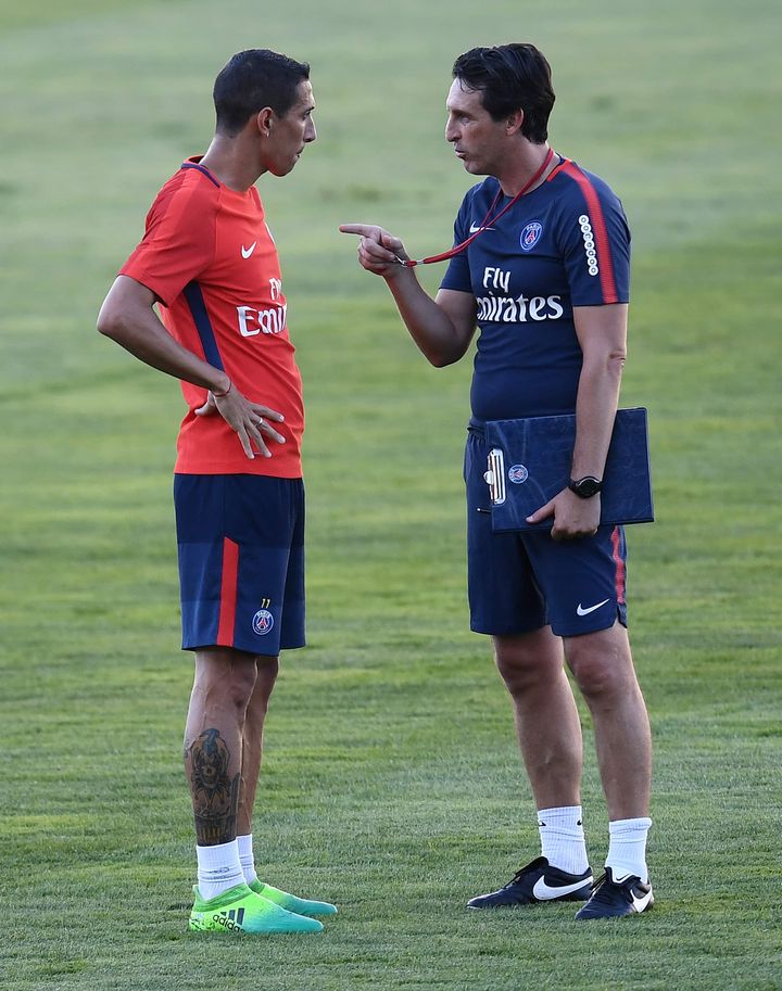 Angel Di Maria en pleine discussion avec Unai Emery lors de la tournée américaine du PSG en 2017