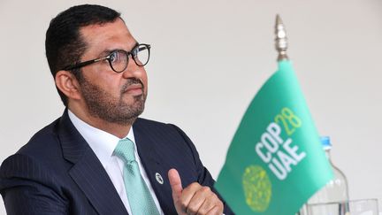 Le président de la COP28, Sultan al-Jaber, le 13 juillet 2023 à Bruxelles (Belgique). (FRANCOIS WALSCHAERTS / AFP)