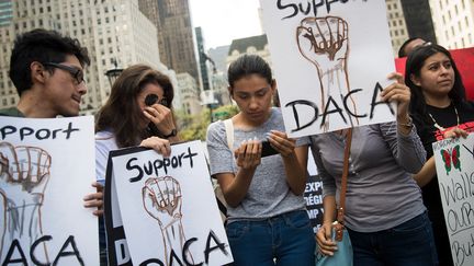 Des jeunes "Dreamers", originaires d'Equateur, manifestent contre l'abrogation du Daca, mardi 5 septembre 2017 à New York (Etats-Unis).&nbsp; (DREW ANGERER / GETTY IMAGES NORTH AMERICA / AFP)