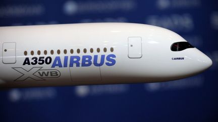 Mod&egrave;le d'un Airbus A 350 XWB pr&eacute;sent&eacute; lors de la publication des r&eacute;sultats annuels d'EADS, le 8 mars 2012 &agrave; Paris. (ERIC PIERMONT / AFP)