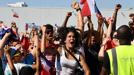 La France prend le large et, dans la fan zone marseillaise, les verres valsent et les poings s'élèvent vers le ciel. (BORIS HORVAT / AFP)