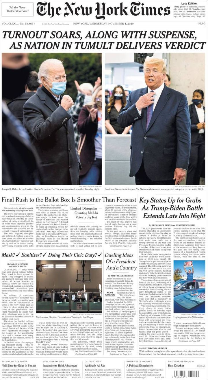 Une du "New York Times", le 4 novembre 2020. (THE NEW YORK TIMES)