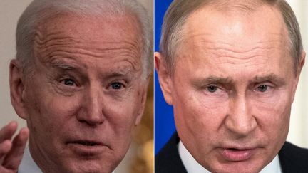 Joe Biden en mars 2021 à la Maison Blanche, à Washington, et Vladimir Poutine en mars 2020 au Kremlin, à Moscou. (ERIC BARADAT / AFP)