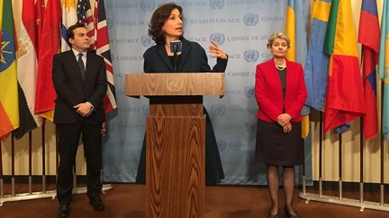 Audrey Azoulay pour une conférence de presse à New York en lien avec l'Unesco. L'actuelle dirigeante de l'organisation Irini Bova (droite) et Vincenzo Amendola (gauche), secrétaire aux Affaires Etrangères italiennes. 
 (01.44.62.39.42)