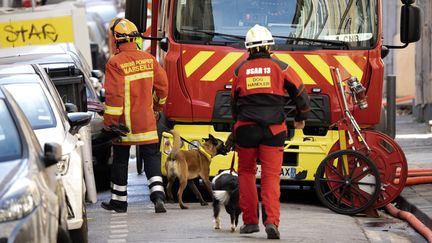 Les pompiers et des chiens secouristes à Marseille (Bouches-du-Rhône), le 9 avril 2023. (JEAN MARC FERRE / MAXPPP)