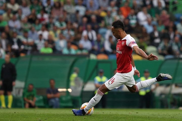 L'attaquant Pierre-Emerick Aubameyang, le 25 octobre 2018 à Lisbonne, lors du match Sporting-Arsenal en Ligue Europa. (PEDRO FIUZA / NURPHOTO / AFP)