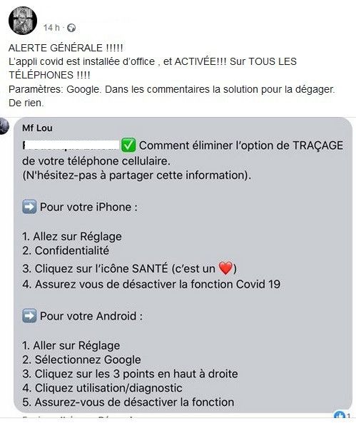 Une capture d'écran d'un post Facebook alarmiste concernant l'application StopCovid. (CAPTURE ECRAN)