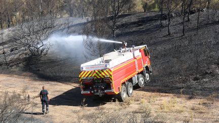 David Tisserand contrôle une opération de noyage sur la colline de la Gacharelle, à Martigues (Bouches-du-Rhône), samedi 29 juillet. (VALENTINE PASQUESOONE/FRANCEINFO)