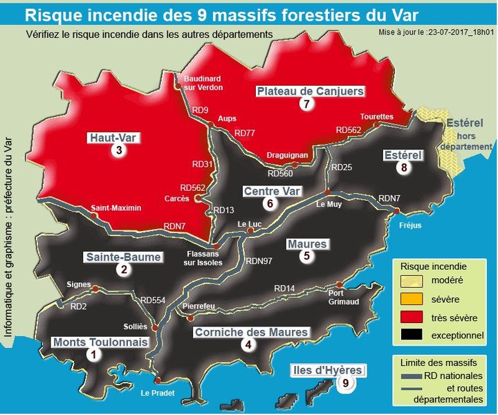 Risques incendie des 9 massifs forestiers du Var, le lundi 24 juillet 2017. (PRÉFECTURE VAR)