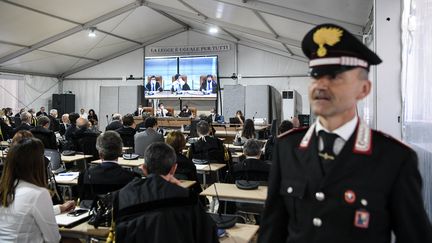 A l'ouverture du procès qui vise à établir les responsabilités dans l'effondrement du pont de Gênes, jeudi 7 juillet 2022 à Gênes (Italie).&nbsp; (PIERO CRUCIATTI / AFP)