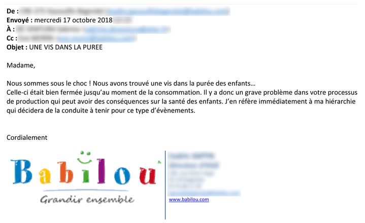 Mail envoyé par un&nbsp;directeur de la crèche à son contact commercial d’Elior, le 17 octobre 2018. (CELLULE INVESTIGATION DE RADIOFRANCE)