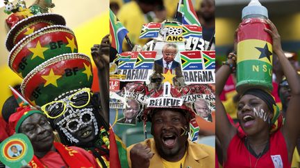 LE SUPPORTER CHAPEAUT&Eacute;. Autre grand classique de la comp&eacute;tition. Plus c'est grand, criard et remarqu&eacute;, mieux c'est.&nbsp; (MONTAGE AFP/ SIPA / REUTERS)