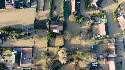 Vue aérienne des inondations à Blendecques (Pas-de-Calais), le 4 janvier 2024. (CHARLES CABY / AFP)