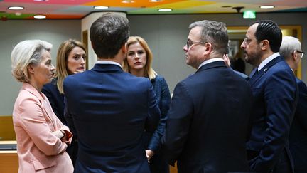 Plusieurs dirigeants, parmi lesquels la présidente de la Commission européenne Ursula von der Leyen (à gauche), le président français Emmanuel Macron (de dos), et la Première ministre estonien Evika Silina (au centre), lors d'un Conseil européen à Bruxelles (Belgique), le 14 décembre 2023. (UNION EUROPEENNE / HANS LUCAS / AFP)