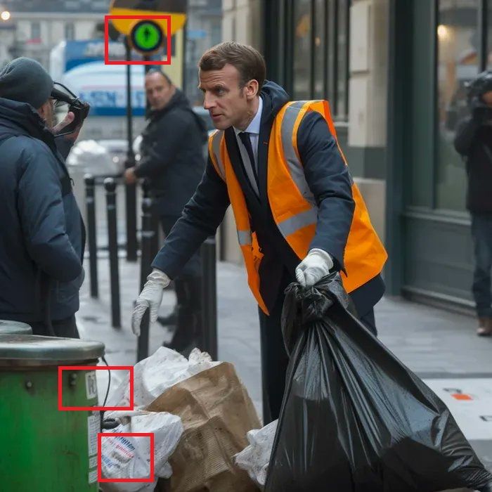 Une image d'Emmanuel Macron ramassant les poubelles générée par le logiciel Midjourney. (CAPTURE D'ECRAN / TWITTER)