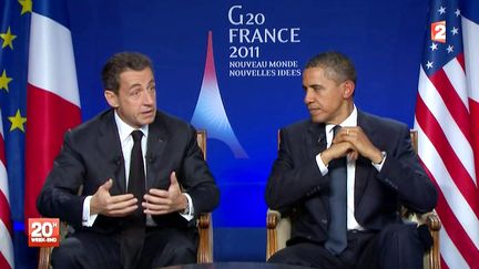 Le pr&eacute;sident fran&ccedil;ais Nicolas Sarkozy (&agrave; g.) et son homologue am&eacute;ricain Barack Obama interrog&eacute;s sur France 2 vendredi 4 novembre &agrave; l'issue du G20 &agrave; Cannes.&nbsp; (FRANCE 2 &nbsp;/ AFP)