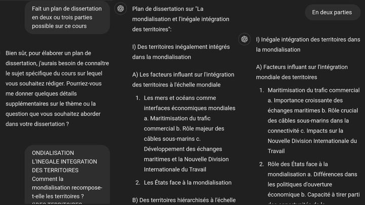 Un exemple d'échange avec ChatGPT pour élaborer un plan de dissertation de géographie. (TOM / CHATGPT / FRANCEINFO)