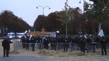 Près de 250 agriculteurs ont manifesté sur les Champs-Elysées à Paris, le 22 septembre 2017. &nbsp; (JACQUES DEMARTHON / AFP)