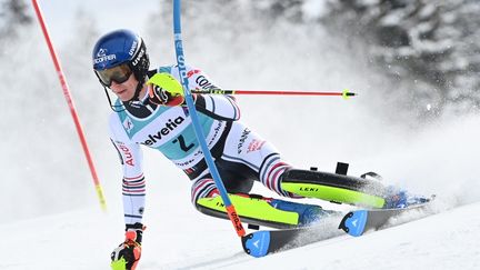 Clément Noël, lors du slalom des finales de la Coupe du monde à Lenzerheide (Suisse) ce dimanche 21 mars. (FABRICE COFFRINI / AFP)