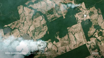 Un feu dans la région de&nbsp;Nova Bandeirantes au Brésil dans la forêt amazonienne vue par satellite, le 21 août 2019. (HANDOUT / ? 2019 PLANET LABS, INC via AFP)