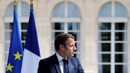 Emmanuel Macron devant la Convention citoyenne sur le climat, le 29 juin 2020, à l'Elysée à Paris. (CHRISTIAN HARTMANN / POOL)