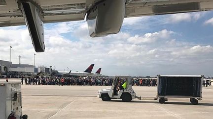 Des passagers massés sur le tarmac de l'aéroport de Fort Lauderdale-Hollywood, en Floride (Etats-Unis), vendredi 6 janvier 2017, après une fusillade. (TAYLOR ELENBURG / COURTESY OF TAYLOR ELENBURG / AFP)